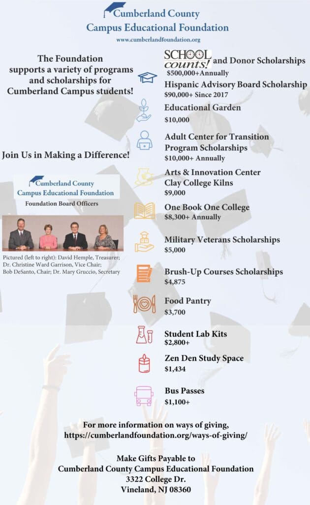 Brochure detailing the variety of educational programs and scholarships offered by cumberland county educational foundation, including contact information and website url.
