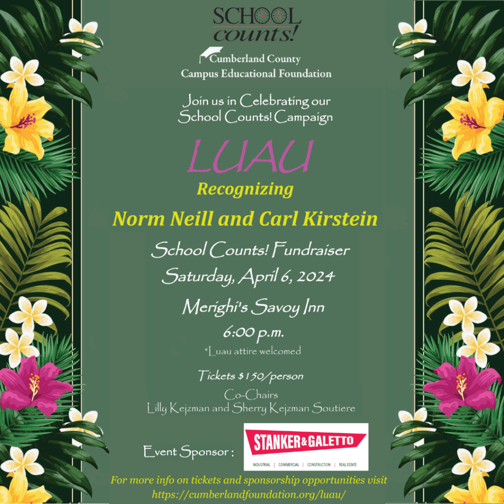 Event poster for the cumberland county schools education foundation fundraiser on april 6, 2024, featuring tropical floral graphics.