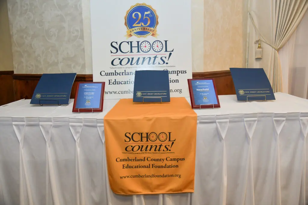 Display table celebrating 25 years of School Counselling with awards and information.