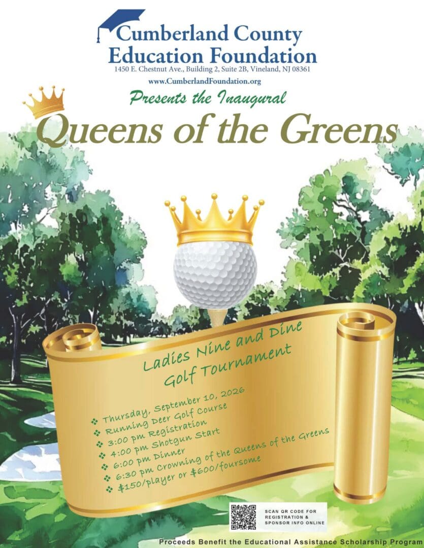 Crowned golf ball on golden scroll flyer